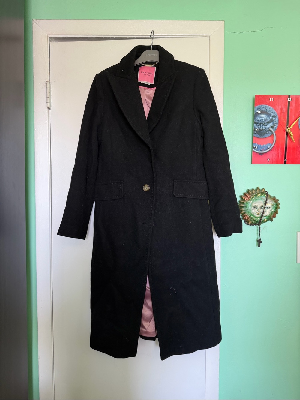 kate spade Black Wool Trench Coat with Pink Lining